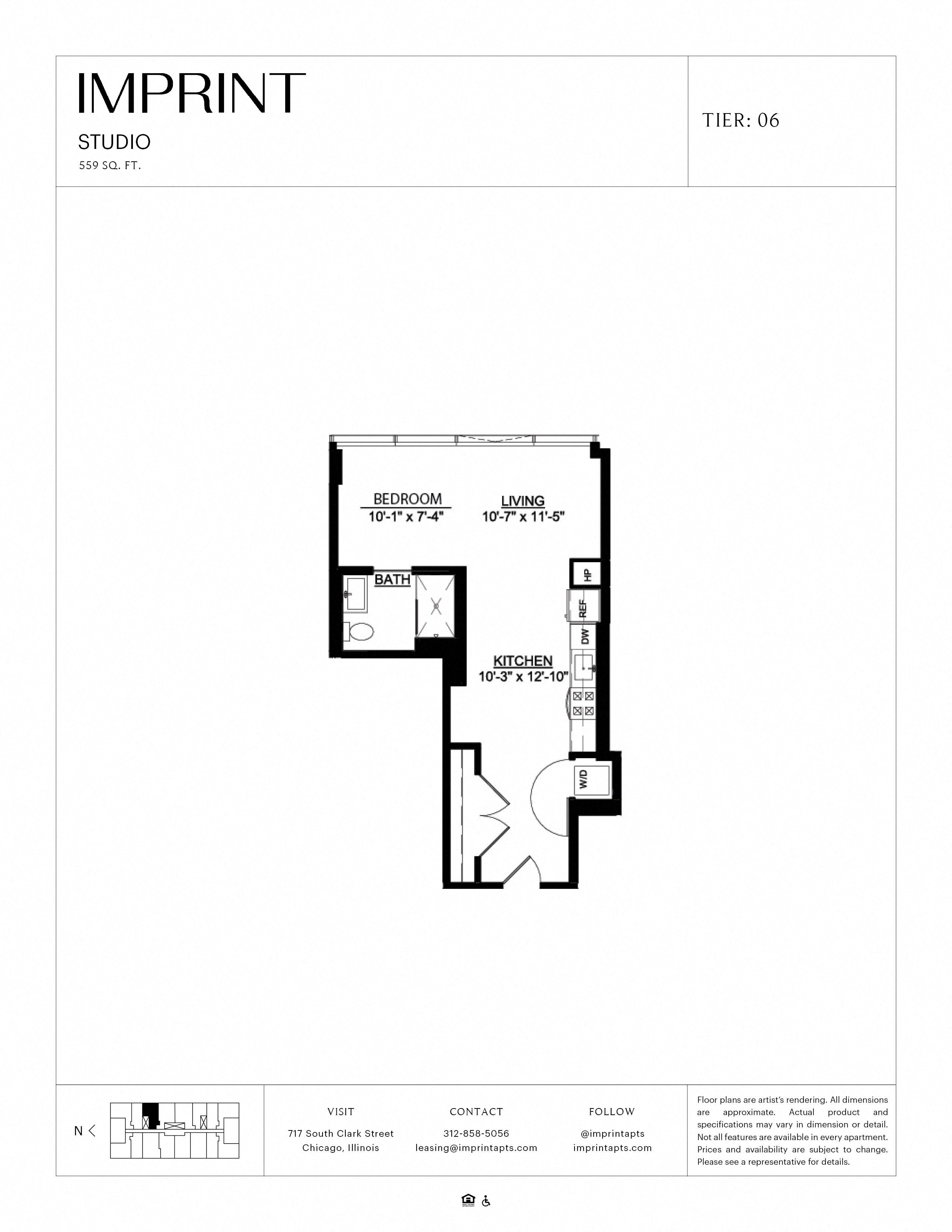 Floor plan for studio, 1 bath, 559 sqft